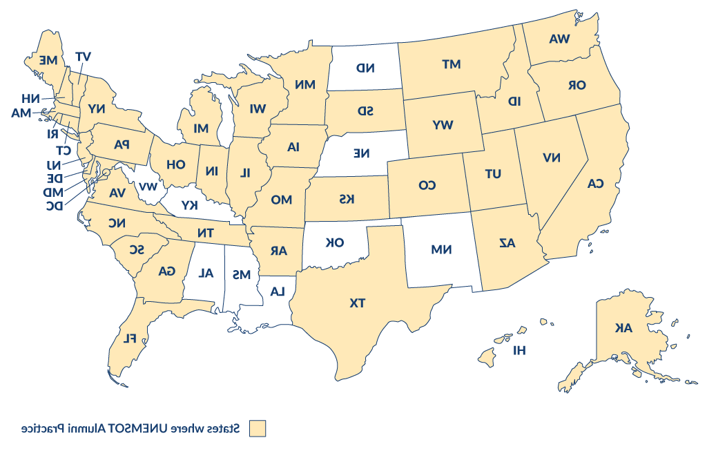 A map of the U.S. highlighting states where U N E occupational therapy alumni live