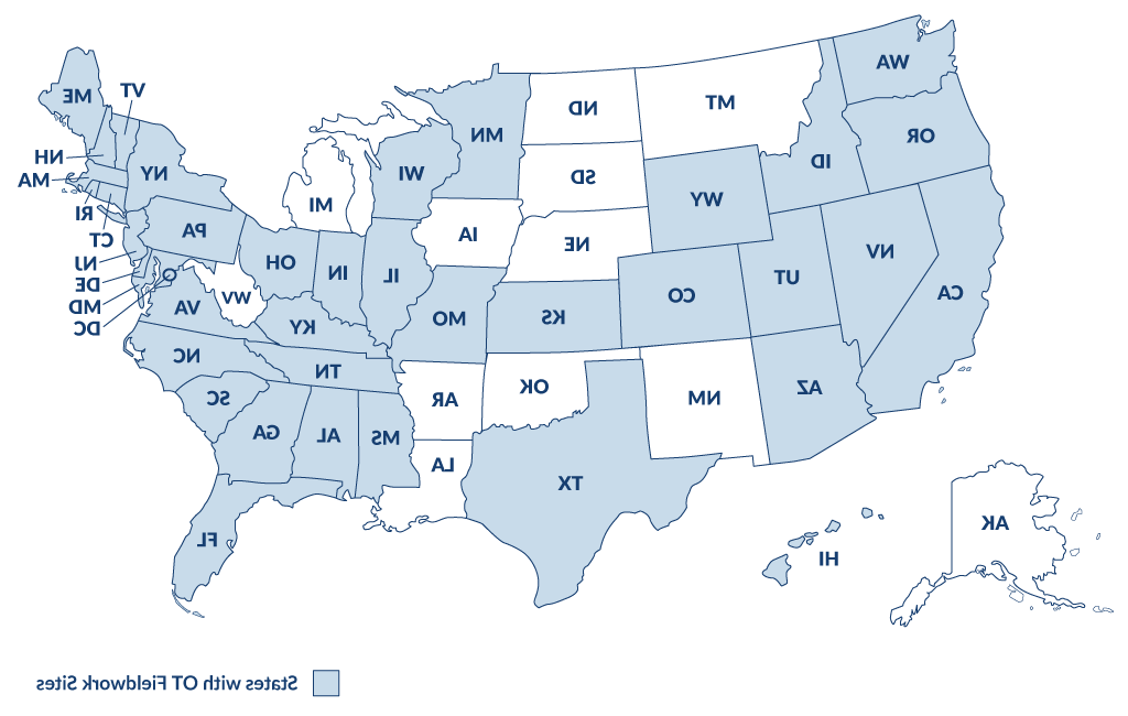 A map of the U.S. highlighting states where U N E occupational therapy students can participate in fieldwork opportunities