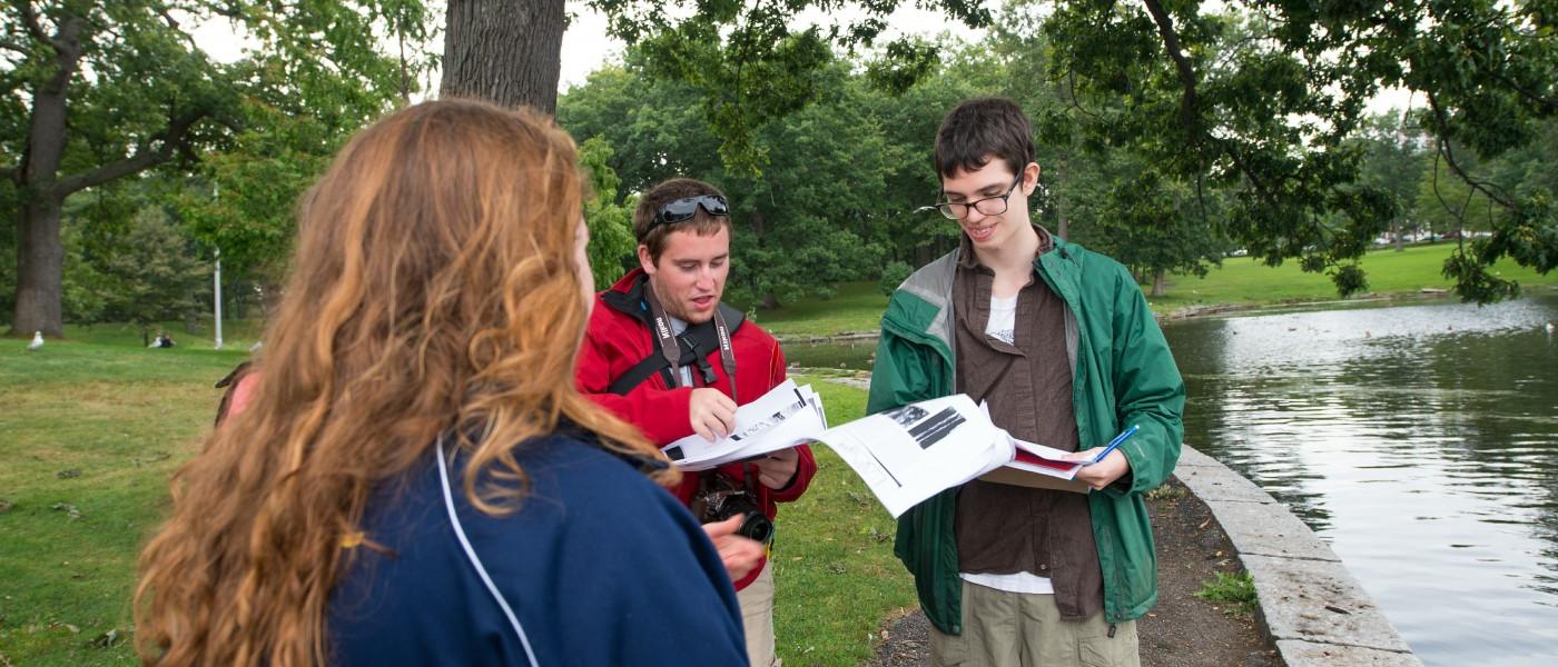 U N E students at Deering Oaks Park in Portland, Maine