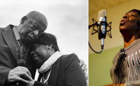 两幅图像的合成, 左, 贝蒂·梅·菲克斯对着麦克风唱歌, 在右边, 她拥抱马丁·路德·金的黑白照片.